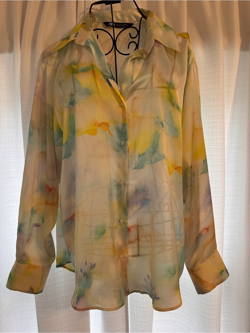 ZARA Watercolor Button-Down Blouse in Yellow, Blue, Green